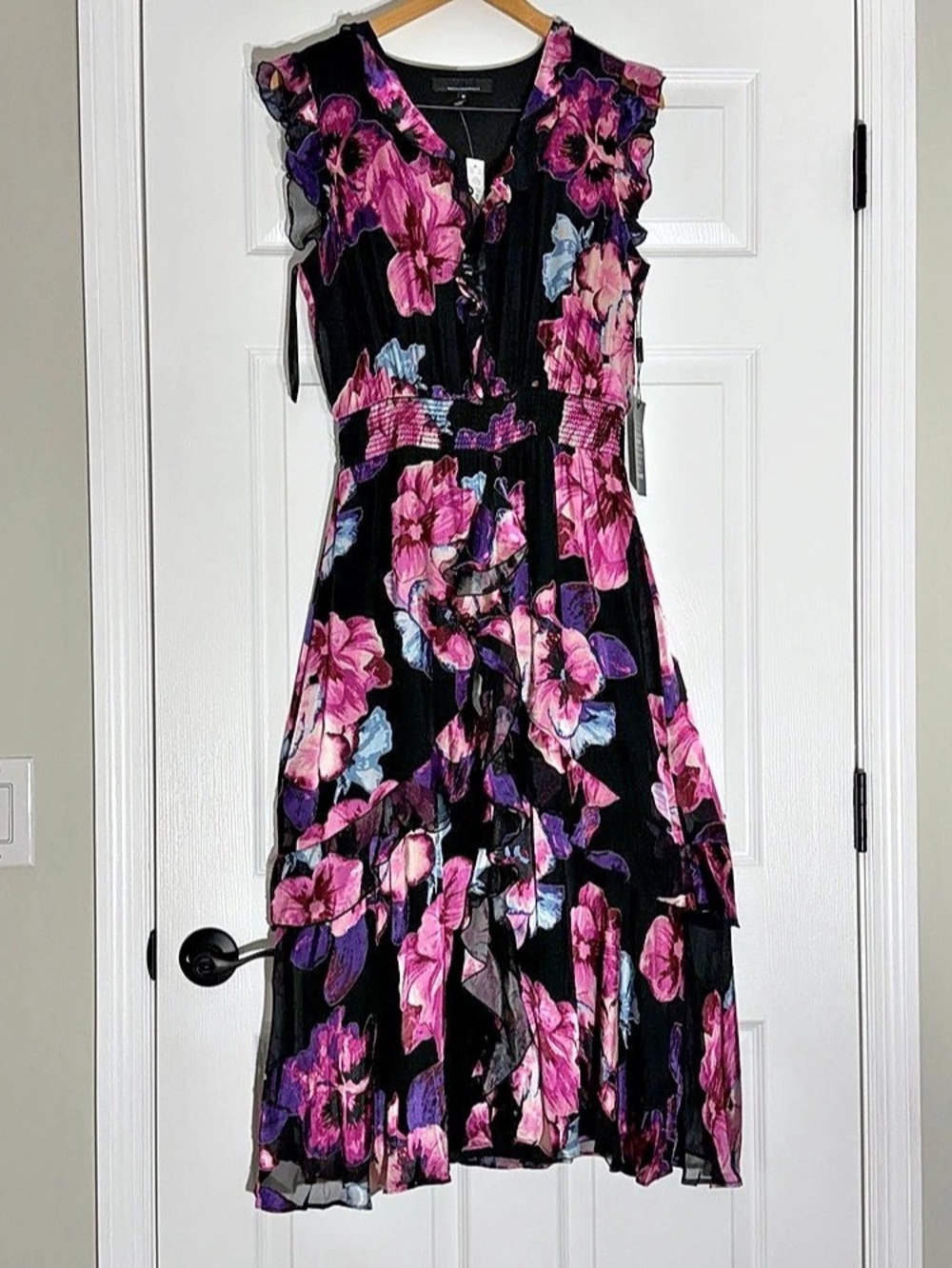 WHBM black silk burnout Midi dress “violet bo black” Size Medium NWT